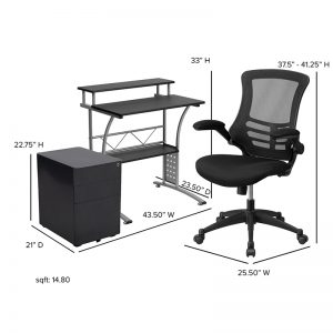 Dimensions - Contemporary Home Office Desk Set OF1BLN-CLIFCHPX5-BK-GG